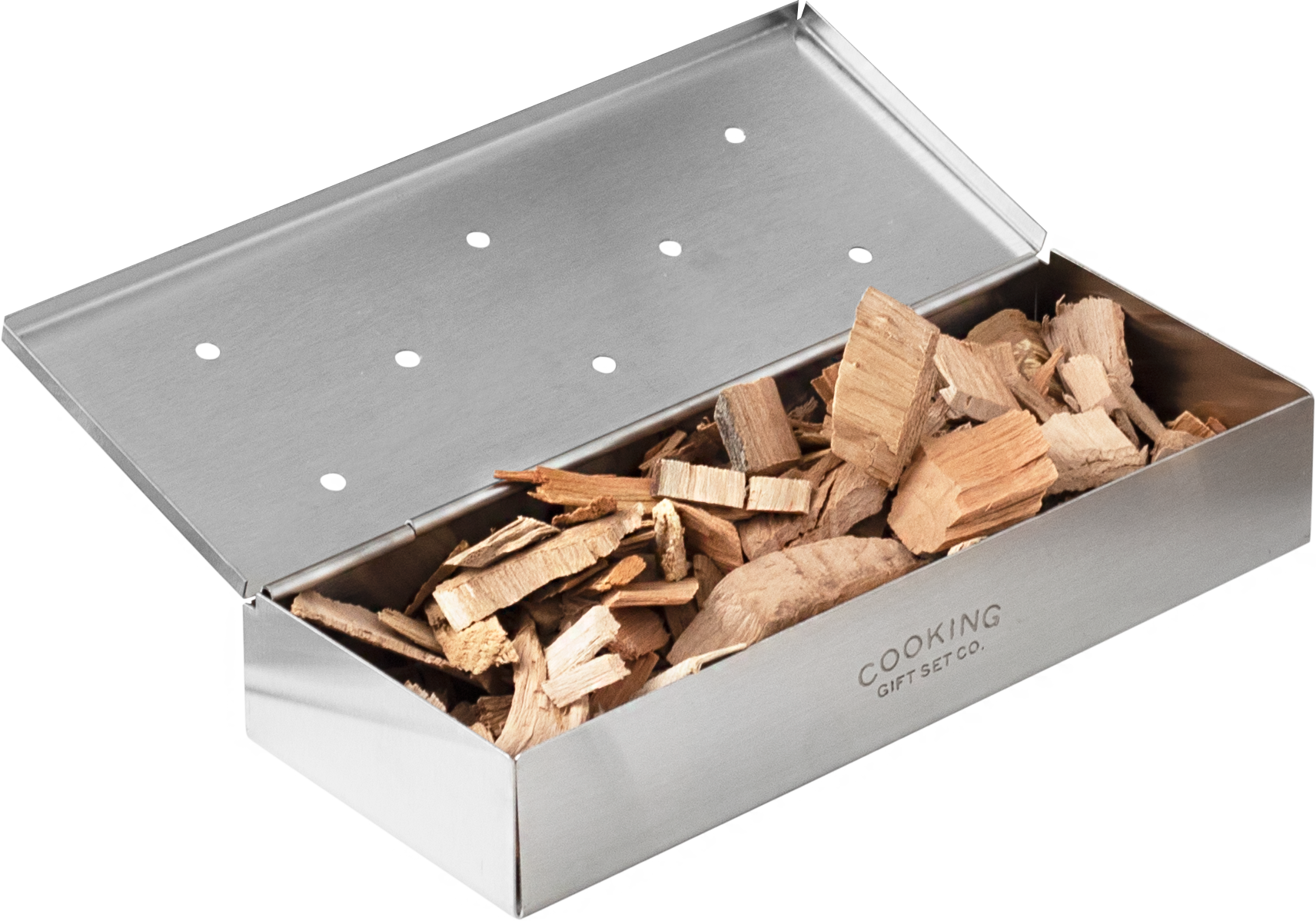 Stainless steel smoker box open with wood chips inside